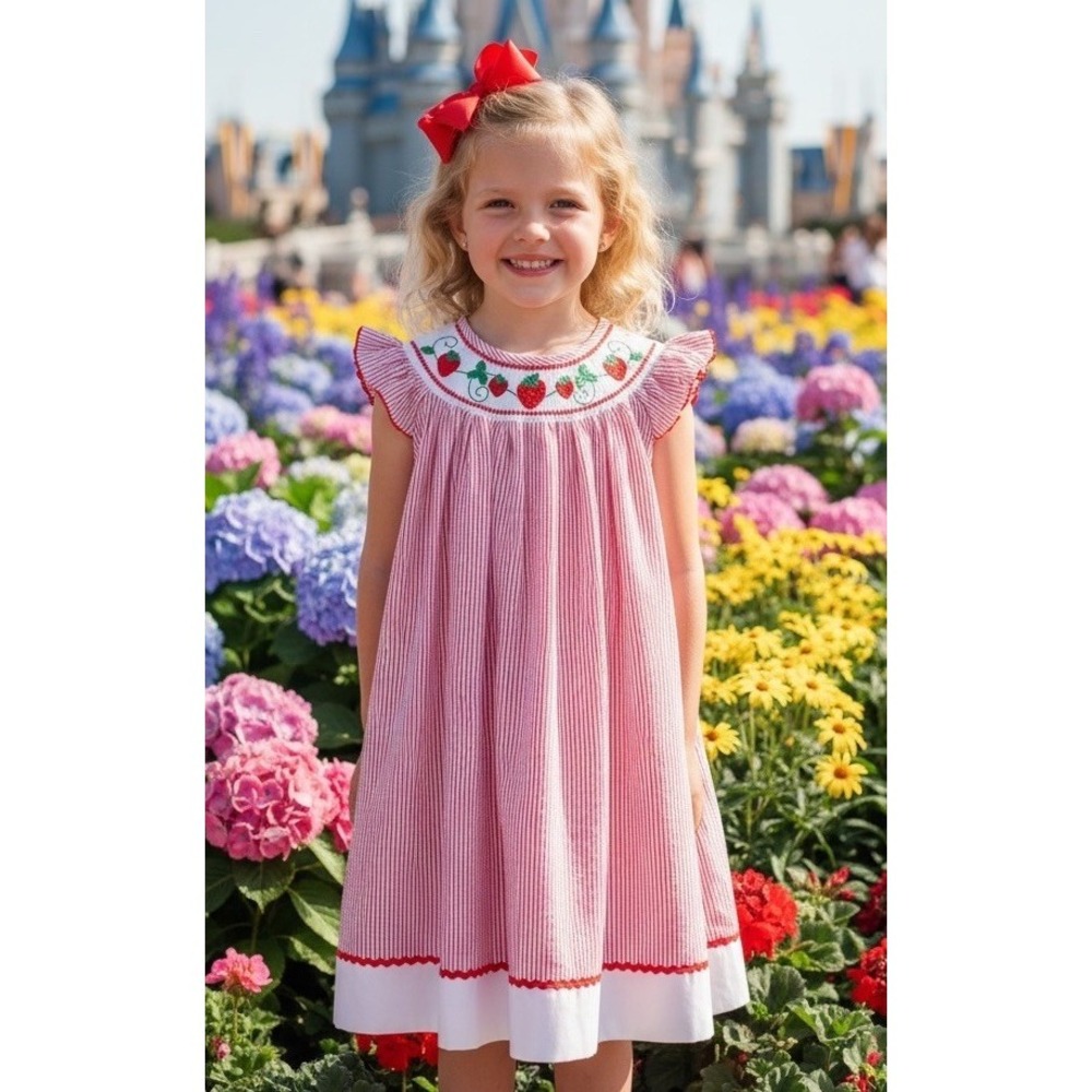 New Strawberry Dress Smocked Bishop Dress Size 4T 4 Lil Cactus Red Searsucker